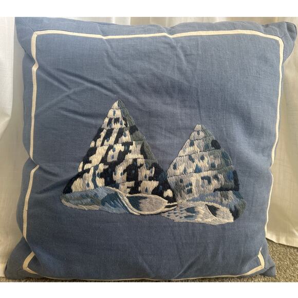 KUK May Embroidered Linen Pillow seashells Nautcial Blue white 20" x 20" square - Picture 3 of 7